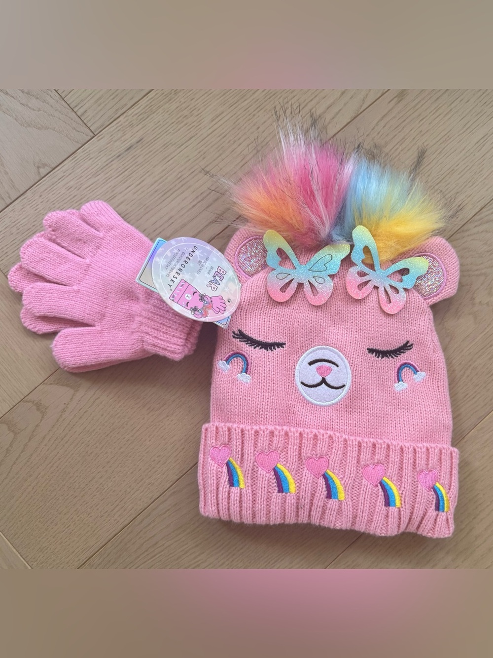 Kids Pink Bear Knit Hat with Rainbow Pom-Poms and Gloves